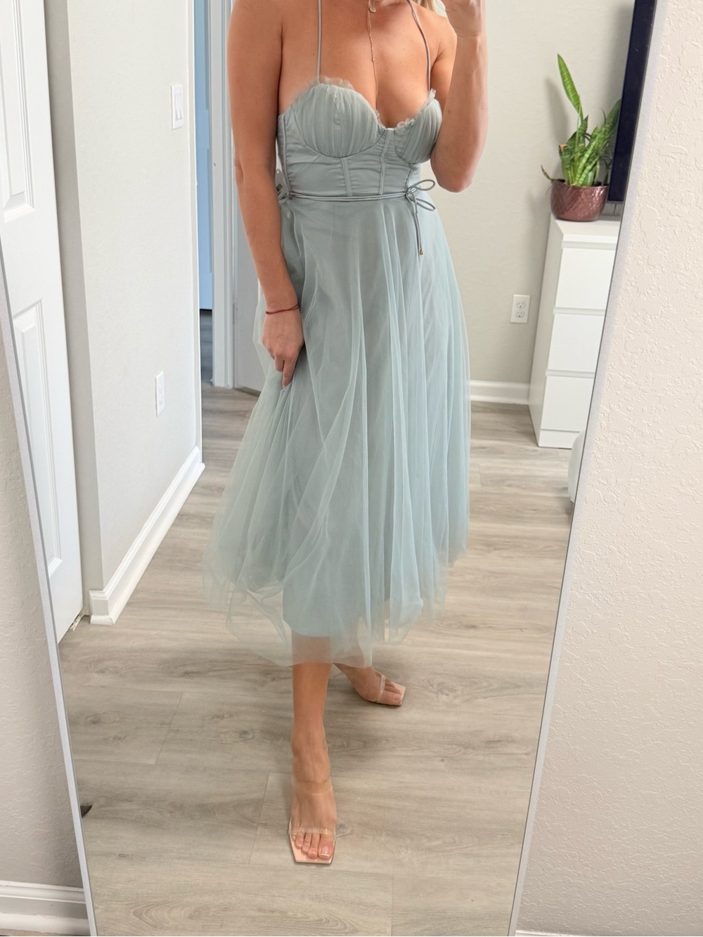 Angel Biba Sage Green Tulle Midi Dress with Spaghetti Straps - Picture 3 of 4